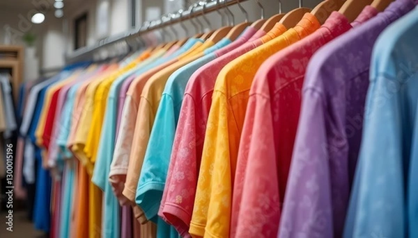 Fototapeta A Vibrant Rainbow Of Pastel Shirts Hanging In A Cheerful Boutique, Showcasing Soft Textures And Subtle Tie-dye Patterns In A Gentle Light