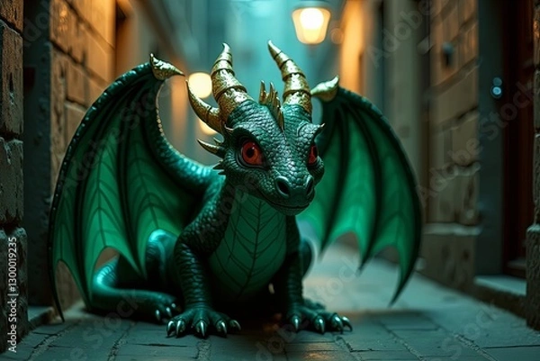 Fototapeta A digital art image of a small, green dragon with golden horns and red eyes, sitting on a cobblestone street in a narrow alleyway. 