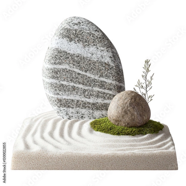 Fototapeta A meticulously crafted mini Zen garden featuring soft raked sand, a uniquely shaped stone, and a small moss patch, transparent background, PNG