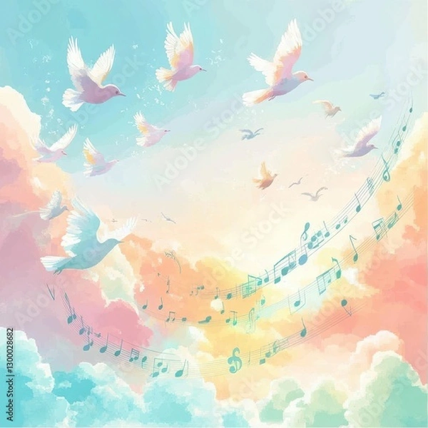 Fototapeta A beautiful watercolor painting of soaring doves in colorful skies