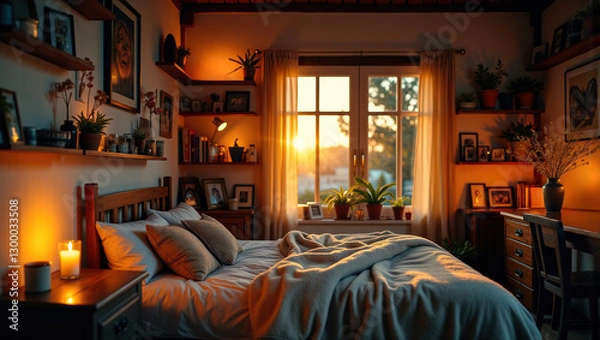 Fototapeta Rustic dark wood shelves, cozy beds, soft blankets, scented candles, warm sunset lights in a peaceful country bedroom environment, natural textures and warm tones inspire the interior design.