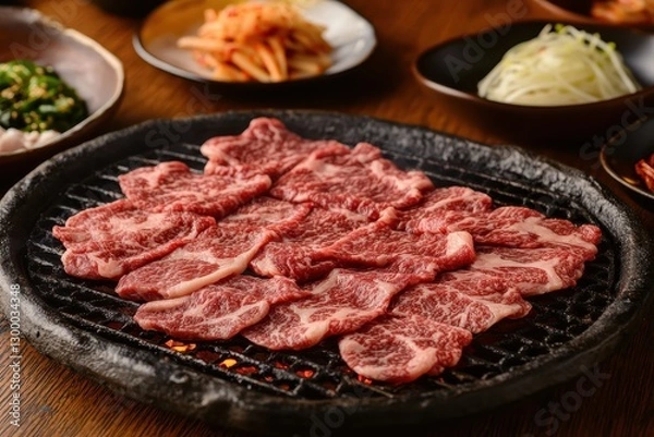 Fototapeta Korean BBQ table setup with grilled beef and traditional side dishes for a delightful culinary experience. Generative AI