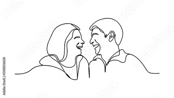 Obraz A minimalist line drawing depicts a happy couple facing each other, smiling and laughing. Their joy and connection are clearly expressed in the single continuous line art style.
