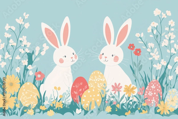 Fototapeta Two rabbits are sitting in a field of flowers and eggs. The rabbits are looking at the camera and appear to be happy. The flowers and eggs add a sense of springtime and new beginnings to the scene