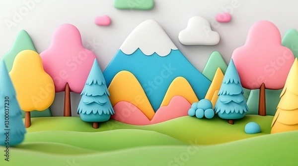 Obraz Pastel Colorful 3d Landscape Scene With Mountains And Trees