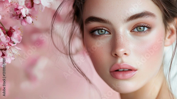 Obraz Close-up portrait of a confident young woman showcases her captivating eyes and soft natural makeup, surrounded by beautiful pink blossoms on a warm afternoon