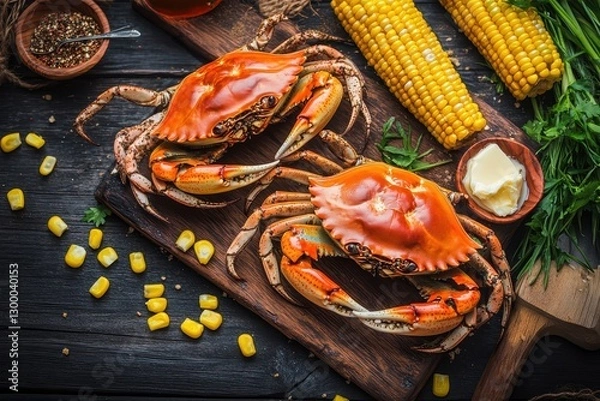 Obraz Gather around a rustic wooden table for a delightful feast of steamed crabs, butter, and corn on the cob. Generative AI