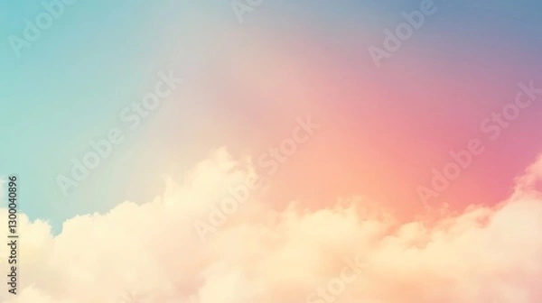 Fototapeta Pastel sky with fluffy clouds background, soft gradient from blue to pink, heavenly atmosphere