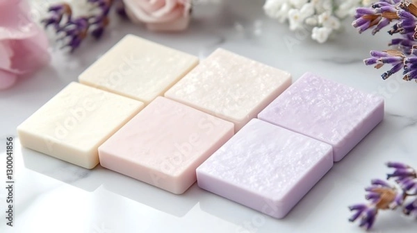 Fototapeta Assortment of handmade soaps with floral accents on a marble background, promoting natural skincare