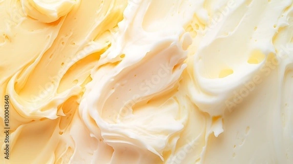 Fototapeta Close-up of creamy yellow buttercream frosting swirls for cakes and desserts, texture detail