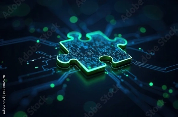Fototapeta Glowing green circuit board puzzle piece on digital background