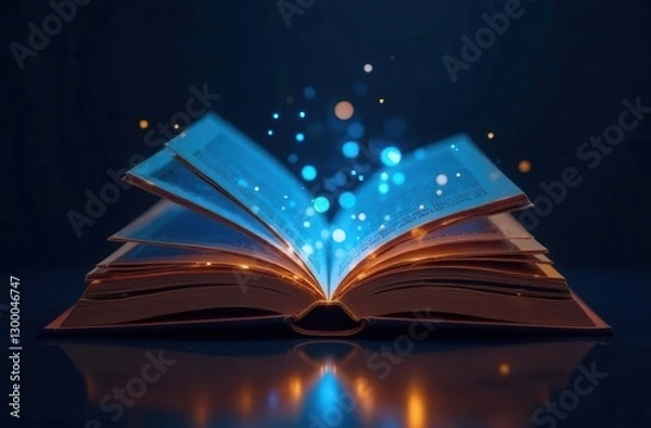 Fototapeta Magical open book with glowing pages and floating lights in dark ambiance