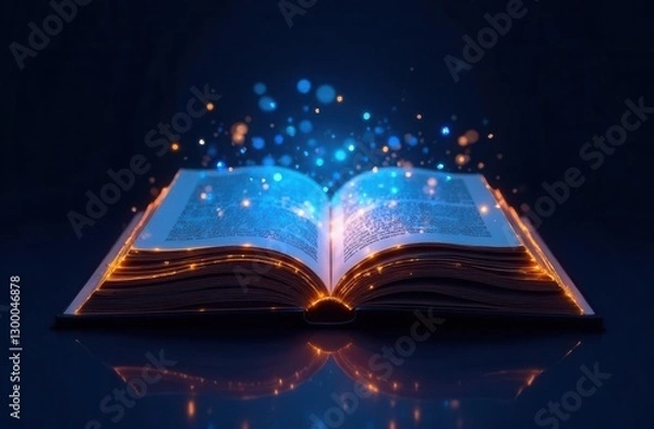Fototapeta Enchanted glowing book with sparkling light orbs on dark background