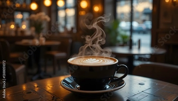 Fototapeta A Steaming Lattes Comforting Aroma Fills A Cozy Caf, Promising Warmth And Relaxation On A Chilly Evening, Within A Softly Lit, Rustic Setting