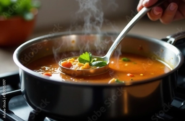 Fototapeta Steaming vegetable soup in a pot with ladle and fresh parsley garnish