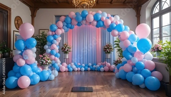 Fototapeta A Joyous Celebration Unfolds, Symbolized By A Magnificent Arch Of Pastel Pink And Blue Balloons, Creating A Dreamy Atmosphere In An Elegant Hall Bathed In Soft Light
