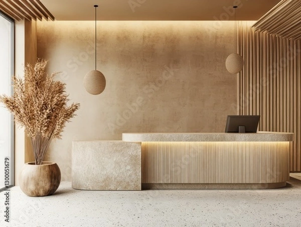 Fototapeta A modern elegant reception area with a stone desk