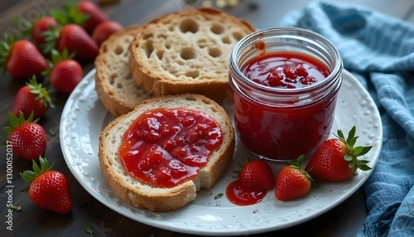 Fototapeta Homemade Strawberry Jam Spread Generously On Toasted Artisan Bread, A Delightful Summer Breakfast Scene With Fresh Strawberries And Warm, Inviting Lighting