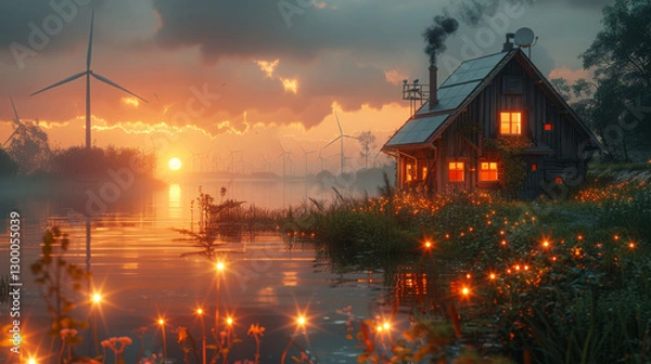 Fototapeta Eco-friendly cabin by the lake with wind turbines and glowing fireflies at sunset
