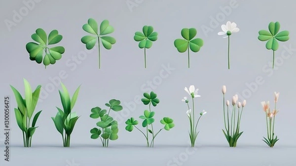 Fototapeta A collection of 3D rendered shamrock illustrations in various stages of growth and styles, arranged in rows along with potted plants and stones against a light, neutral background.