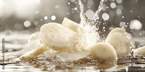 Fototapeta Fresh and Crunchy White Root Vegetables Sliced and Captured in a Dynamic Water Splash for a Crisp and Refreshing Aesthetic

