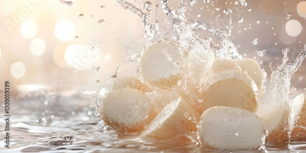 Fototapeta Fresh and Crunchy White Root Vegetables Sliced and Captured in a Dynamic Water Splash for a Crisp and Refreshing Aesthetic

