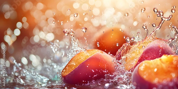 Fototapeta Ripe and Juicy Yellow Plums and Peaches Captured in a Dynamic Water Splash, Highlighting Their Natural Sweetness and Refreshing Appeal

