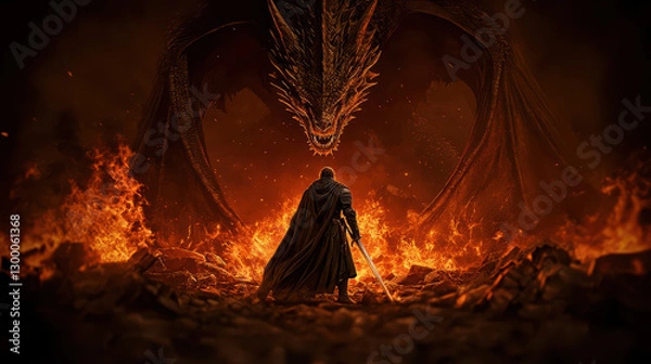 Fototapeta lone armored warrior stands bravely facing massive dragon amidst fiery landscape, evoking sense of epic confrontation and dark fantasy
