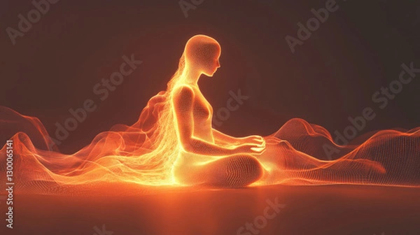 Obraz A meditative silhouette is enveloped by vibrant, swirling colors that symbolize energy and tranquility, promoting focus and inner peace during contemplation