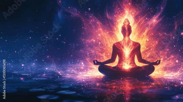 Obraz A serene figure sits in a meditative pose, emanating colorful energy that symbolizes spiritual enlightenment and inner peace in a cosmic backdrop