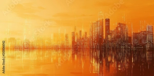 Fototapeta A stylized city skyline reflecting in calm tranquil water at sunset