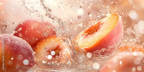 Fototapeta Ripe and Juicy Yellow Plums and Peaches Captured in a Dynamic Water Splash, Highlighting Their Natural Sweetness and Refreshing Appeal

