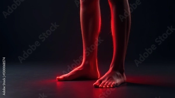 Fototapeta A pair of legs and feet illuminated by red light, standing on a dark surface.