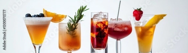 Fototapeta Variety of colorful cocktails with fruits and herbs on a white backdrop.