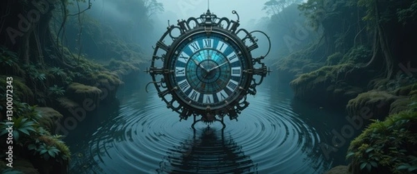 Fototapeta Enchanting steampunk clock floats on tranquil mystical water in lush green forest Surreal fantasy art