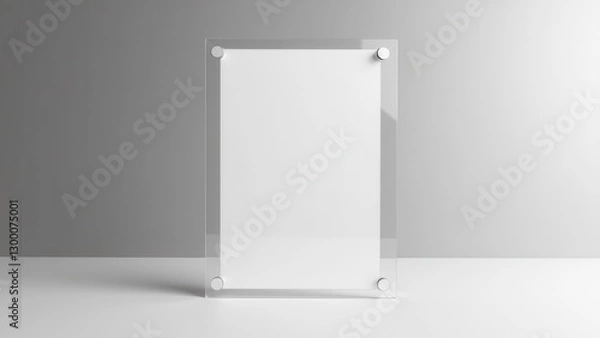 Fototapeta A clear perspex sign holder with four round fasteners in each corner, standing on a white surface against a gray background.