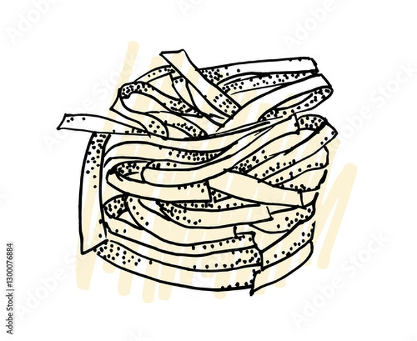 Fototapeta Hand drawn illustration of tagliatelle. Pasta templates collection for menu design, flyers and brochures. Engraving style hand drawn sketch, vector illustration.