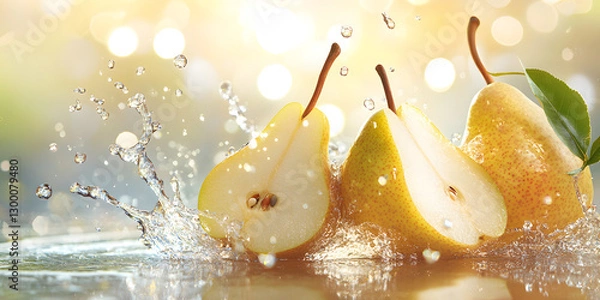 Fototapeta Golden and Green Ripe Pears in Stunning Macro Photography with Water Droplets and Natural Light Enhancing Their Freshness
