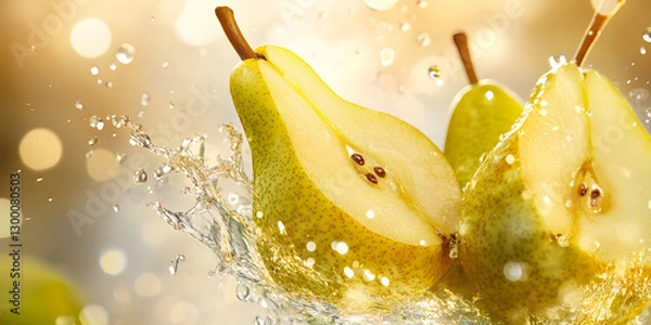 Fototapeta Golden and Green Ripe Pears in Stunning Macro Photography with Water Droplets and Natural Light Enhancing Their Freshness
