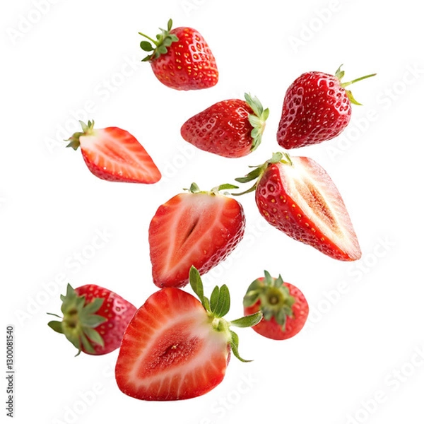 Obraz Cut strawberries levitation isolated on a transparent background
