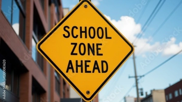 Fototapeta A yellow diamond-shaped school zone ahead sign on a street with buildings and power lines in the background.