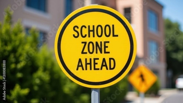 Fototapeta A yellow circular school zone ahead sign with a blurred background of buildings and greenery.