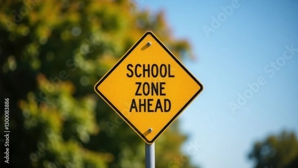 Obraz A yellow diamond-shaped school zone ahead sign with a blurred background of trees and sky.
