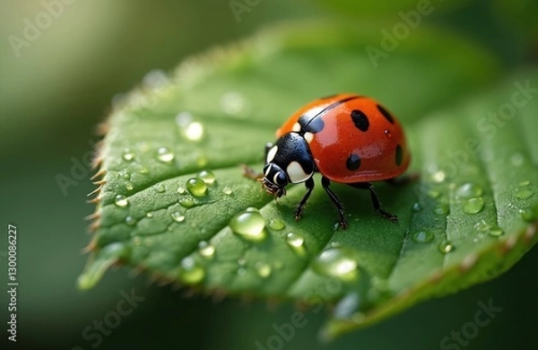 Fototapeta Ladybug sits on leaf in dewdrops. Beetle with red shell, black spots crawls green leaf surface. Symbol luck, prosperity. Insect in garden, forest. Dew drops sparkle sunlight. Wildlife macro.