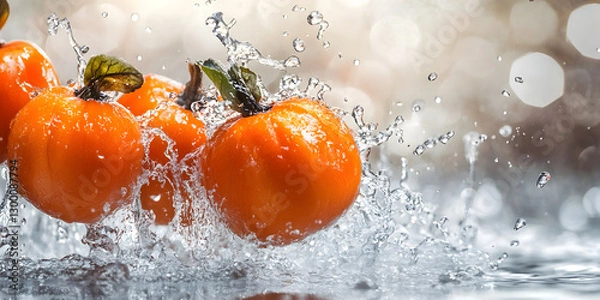Fototapeta Vibrant and Juicy Kumquats in a Refreshing Water Splash, Showcasing Their Citrus Freshness and Bright Natural Colors

