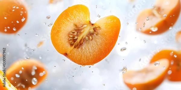 Fototapeta Fresh and Ripe Yellow Plum Slice Suspended in a Refreshing Water Splash, Capturing Its Natural Sweetness and Vibrant Golden Color

