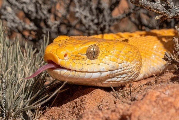 Fototapeta Close-up of a vibrant yellow snake with its tongue flicking, resting on sandy terrain surrounded by dry vegetation
