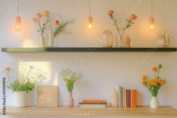 Fototapeta Cozy Minimalist Home Office Background With Books, Flowers, And Warm Lighting Creating A Relaxing Atmosphere In Virtual Meetings