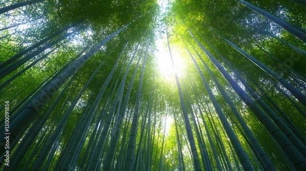Fototapeta Serene View of Lush Bamboo Forest Under Bright Sunlight in Kyoto, Japan