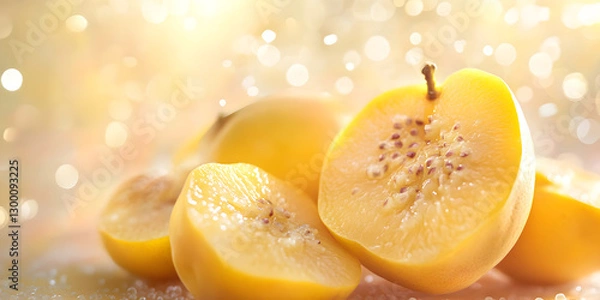 Fototapeta Golden Yellow Pears with Fresh Water Droplets Showcasing Their Natural Sweetness and Juicy Texture in a Stunning Macro Close-Up


